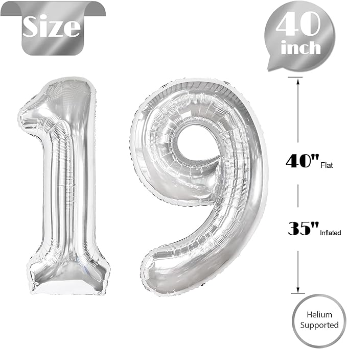 Silver Number 19 Balloon 40 inch, 19 Number Balloons, 19th Silver Birthday Decorations for Girls Boys Kids, 19 Year Old Silver Party Supplies