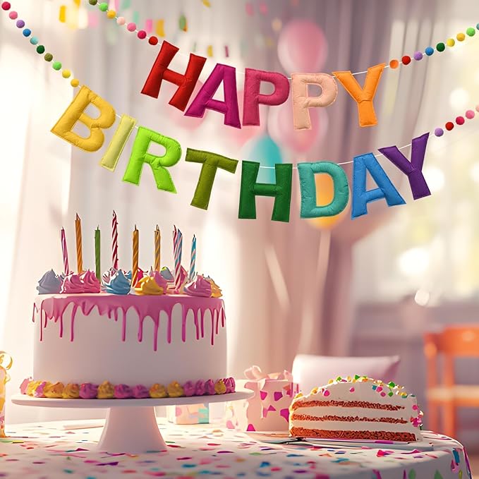 LOLStar Happy Birthday Banner Felt Ball Garland Colorful Dainty Pre-Strung Rainbow Birthday Banner Reusable Happy Birthday Sign Photo Booth Props Primary Color Birthday Party Decoration for Kids Girls
