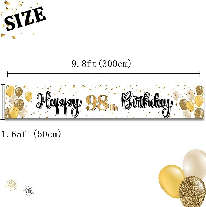 Happy 98th Birthday Decorations,98th Gold Balloon Large Birthday Hanging Banner Sign - Cheers to 98 Years Old Bday Party Supplies.