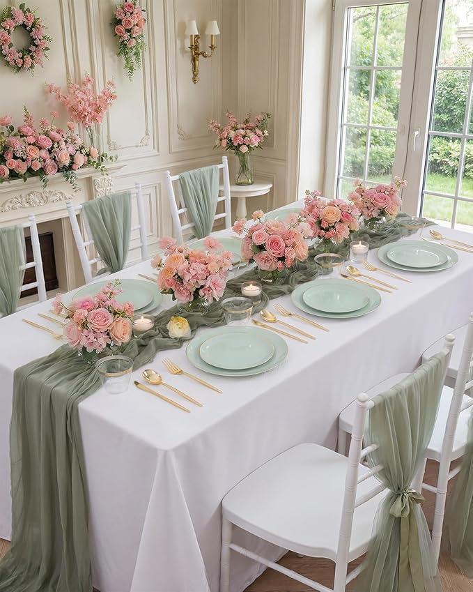 bUCLA 150PCS Green Plastic Plates - Sage Green with Gold Rim Disposable - Include 25 (Dinner & Dessert) Plates, 25 Knives, 25 Forks, 25 Spoons and 25 Cups for Party, Easter & Spring
