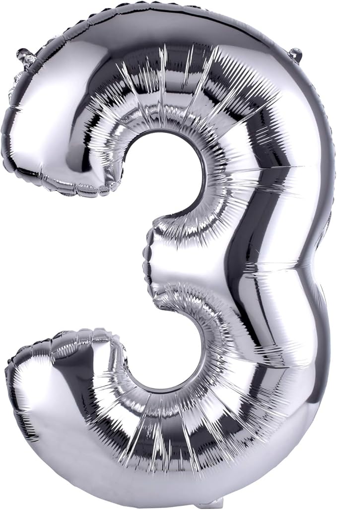 40 Inch Large Foil Helium Number Balloon Birthday Wedding Party 0-9 (Silver, 3)