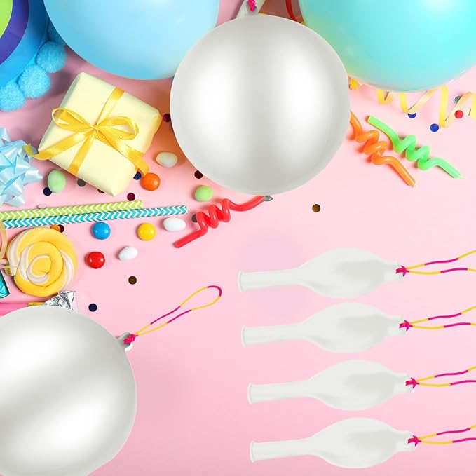 24Pcs White Punch Balloons Bounce Balloon with Rubber Band Handle Punching Heavy Duty Farm Themed Punch for Birthday Party, Kids (White)