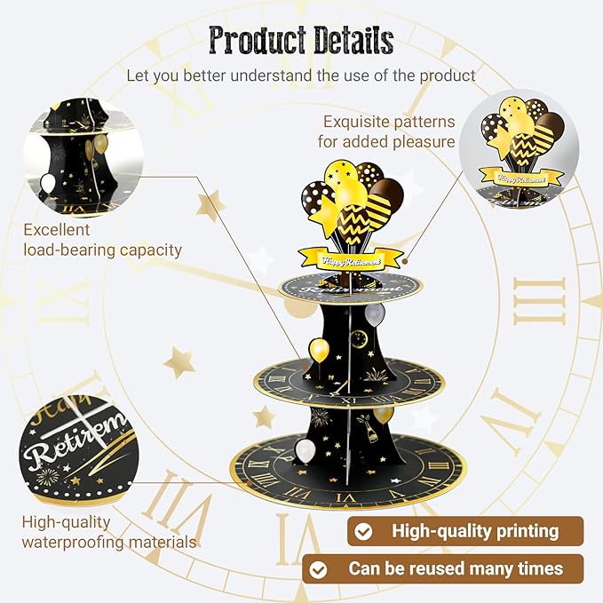 Happy Retirement 3 Tier Cupcake Stand,Cupcake Tower for Retirement Theme Farewell,Black Gold Cardboard Cake Dessert Holder Tower for retirement party decorations