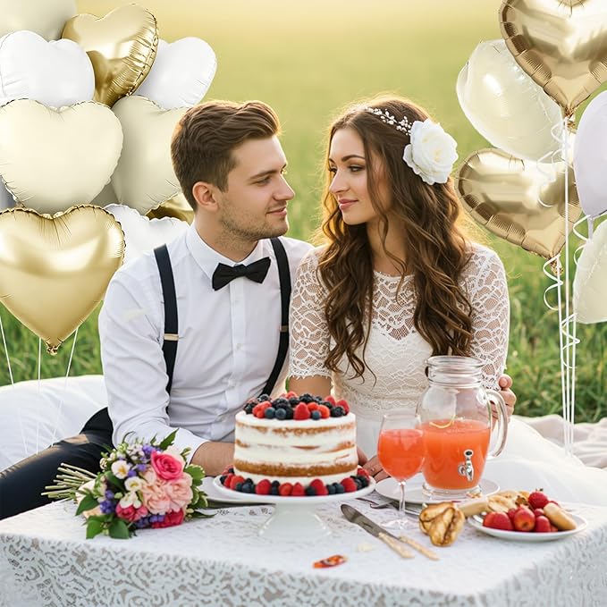 TONIFUL 30Pcs 18 Inch Champagne Gold Cream White Balloons White Heart Shape Foil Mylar Banners Decoration for Birthday Valentine's Day Wedding Bridal Shower Anniversary Engagement Party Supplies