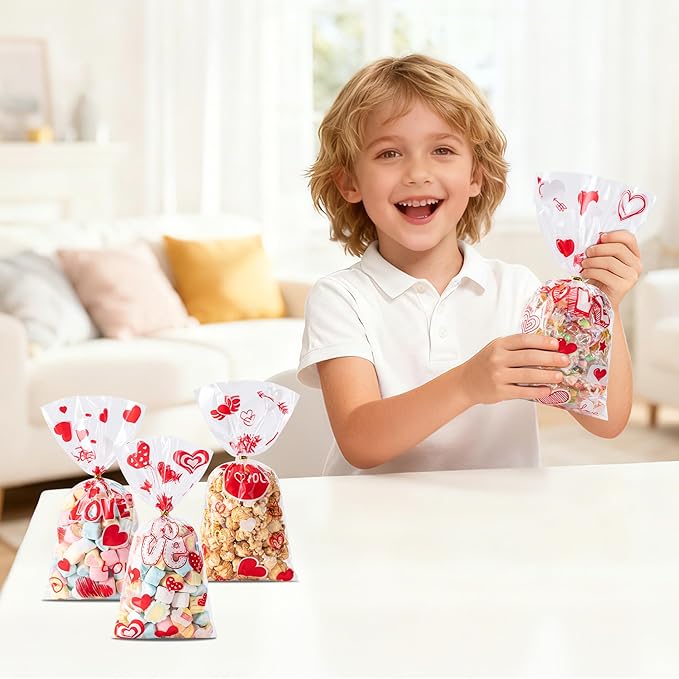Aegero Valentines Cellophane Bags 120pcs Valentines Candy Bags with 140pcs Twists for Valentine's Candy Cookie Goodie Snack Bag for Valentines Day Wedding Party Favor Supplies,Classroom Parties Valentine01-LOVE