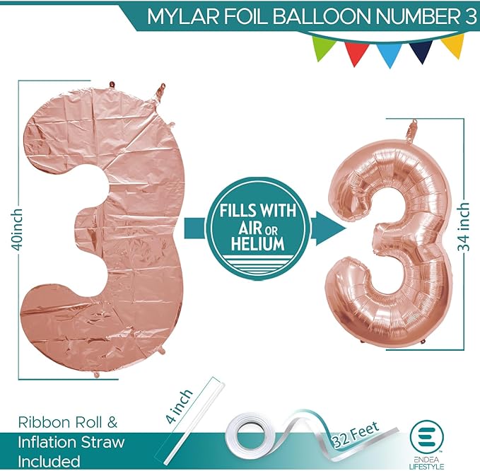 40 Inch Large Rose Gold Number Celebration and Decoration Balloon for Birthday Parties, Graduations, Anniversaries, Weddings, Photo Shoots, Special Events (Rose Gold Number 3)