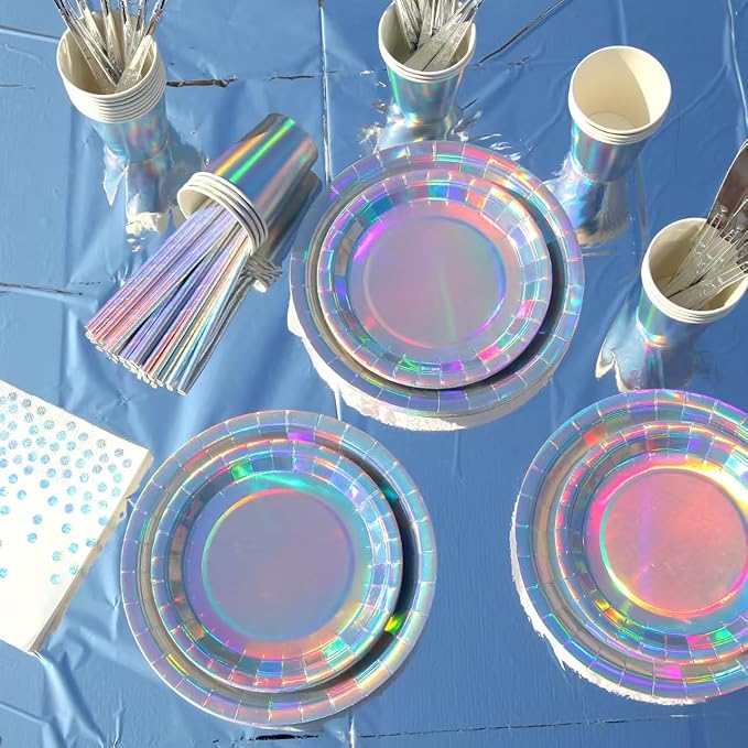 201-piece disposable party tableware set with paper plates, cups, napkins, straws, tablecloths, plastic knives, forks and spoons for a variety of party occasions for up to 25 people (Silver Rainbow)