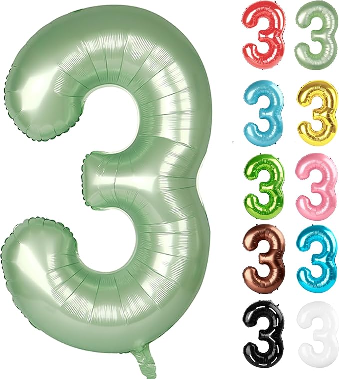 Sage Green Number 3 Balloon 40 Inch, 3 Balloon Number, 3rd Birthday Decorations, Oliver Green Party Supplies for Boys Girls