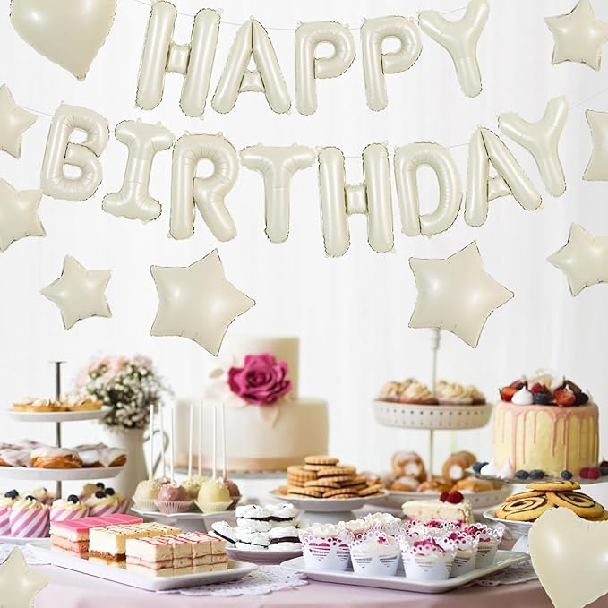 TONIFUL 31PCS Cream White Happy Birthday Decorations 16 Inch Happy Birthday Balloon Banner with Star Heart Balloons Mylar Foil Birthday Party Decorations Supplies for Men Women Adults Girls Boys Kids