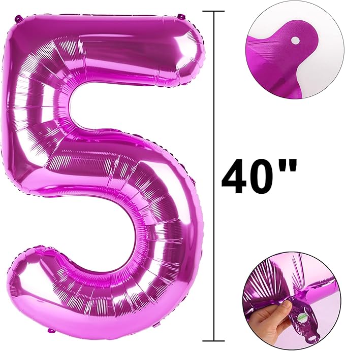40 Inch Rose Purple Large Balloon Number 5 Balloon,Jumbo Mylar Foil Helium Balloon for 5 15 25 35 45 55 Birthday Digital Balloons for Birthday Party,Wedding Anniversary Party Decorations