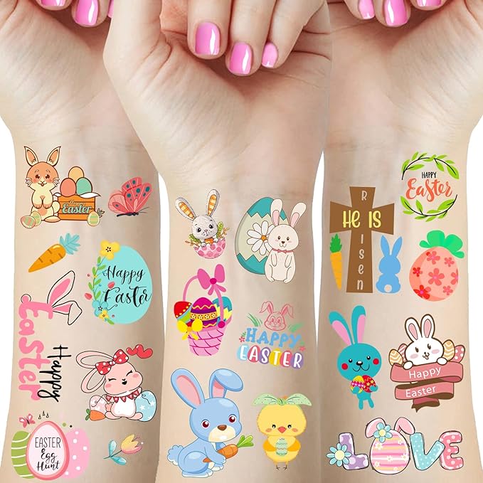 66 Pieces Easter Tattoos, 12 Sheets Colorful Bunny Egg Chicken Spring Flowers Butterfly Stickers for Easter Egg Filler, Easter Basket Stuffers, Goodie Bag Fillers, Classroom Rewards