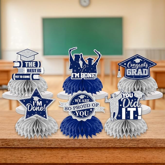 12pcs Graduation Table Decorations,Silver and Navy Blue Graduation Decorations 2026 Graduation Centerpieces for Tables,Class of 2026 Centerpieces Honeycomb for Congrats Grad Table Decor (Navy Blue)