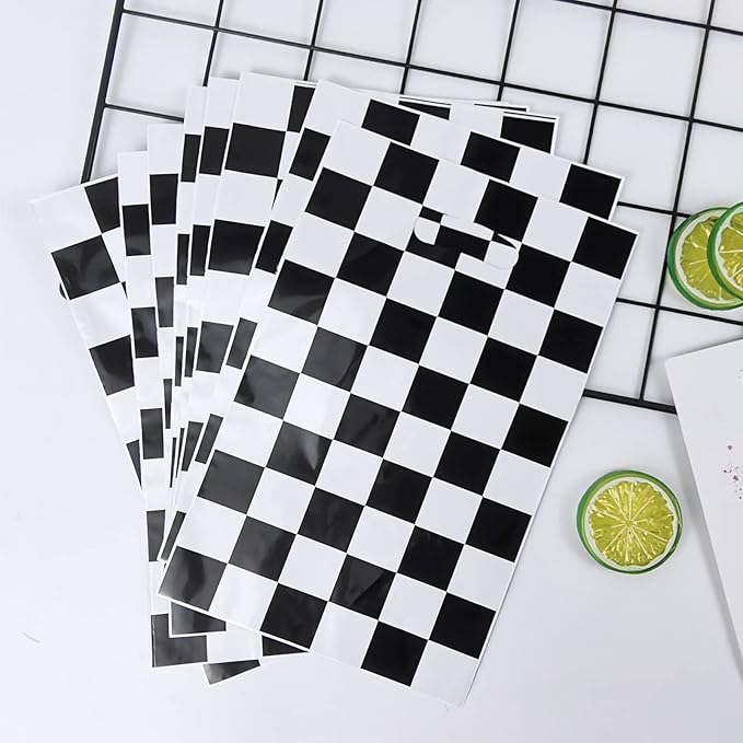 Rainmae 50 Pcs Race car Goodie Gift Bags, Racing Treat Gift Bags, Candy Party Favors Bags, Black and White Checkered Party Supplies for Two Fast Themed Kids Birthday Baby Shower Party Decoration