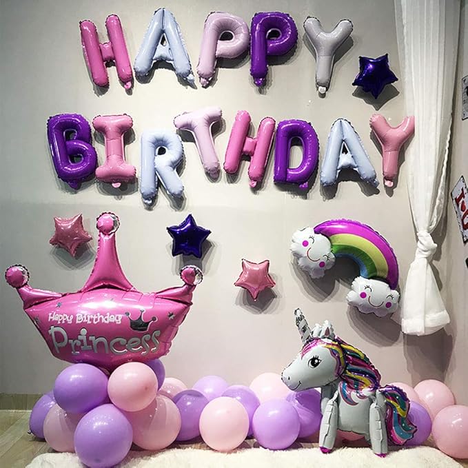 KALOR Purple and Pink Happy Birthday Balloons Kit with 16 Inch Mylar Foil Letters Balloon and Star Balloons for Birthday Party Decorations Photo Booth Backdrop
