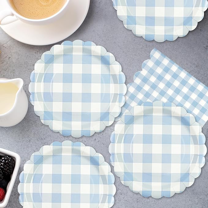 50PCS Light Blue Gingham Party Supplies - 7Inch Blue Scalloped Dessert Paper Plates and Napkins Set Disposable Plaid Dinner Party Set Cutlery for Baby Shower Birthday Wedding, Serve 25