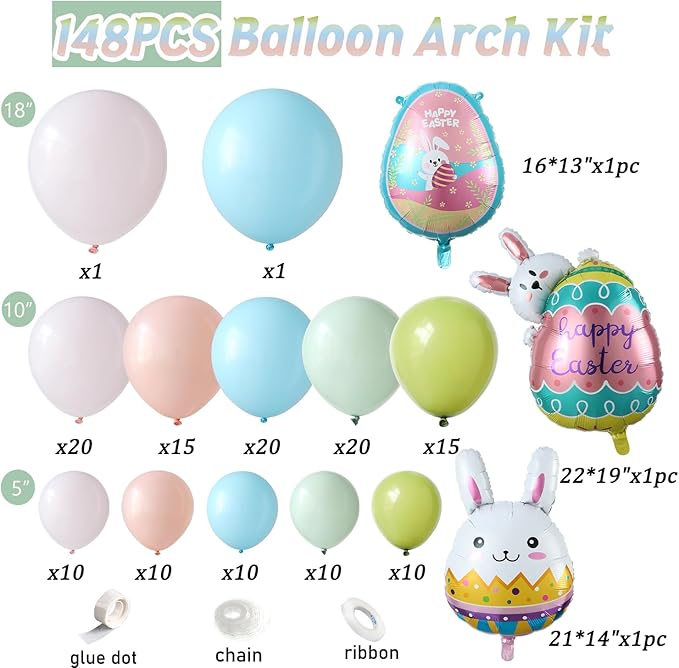 148Pcs Easter Pastel Balloon Garland Arch Kit, Pastel Pink Light Blue Green Balloons with Bunny Rabbit Egg Foil Balloons for Easter Birthday Party Bunny Hunt Spring Baby Shower Decorations