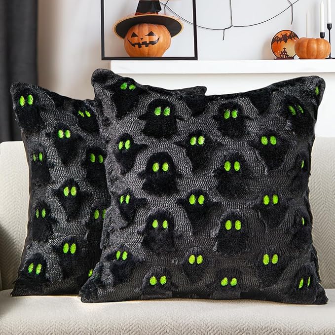 DFXSZ Halloween Pillow Covers 18x18 inch Set of 2 Black Ghost Throw Pillow Cases Soft Plush Faux Fur Wool Couch Cushion Case for Chair Sofa Bedroom Living Room Home Decor PTK03F18