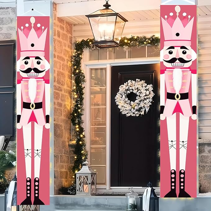 Christmas Nutcracker Door Banner Pink Soldier Porch Sign Holiday Wall Hanging Decoration Outdoor Home Decor Seasonal Entryway Porch Sign Christmas Winter Front Door Display