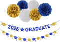 Navy-Blue White-Gold Party-Decoration Graduation Banner - 8pcs Kits Cap Garland Streamers, Paper Tissue Pom Poms Flowers, 2025 Craduate Banner Congratulations Grad Decor Lasting Surprise
