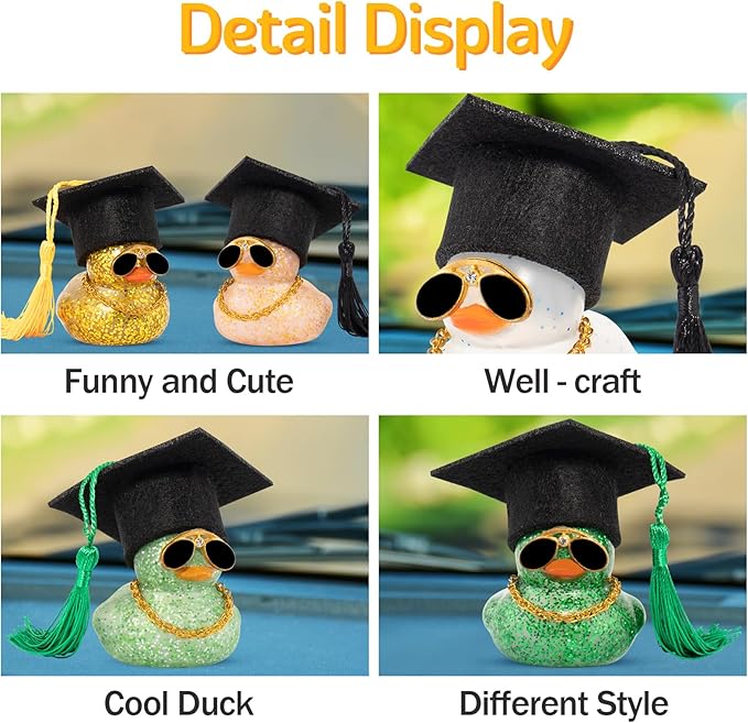 wonuu Car Dashboard Decor Graduation Hat Color Rubber Duck, Car Ducks Ornaments with Mini Graduation Hat Necklace Sunglasses (Brown)