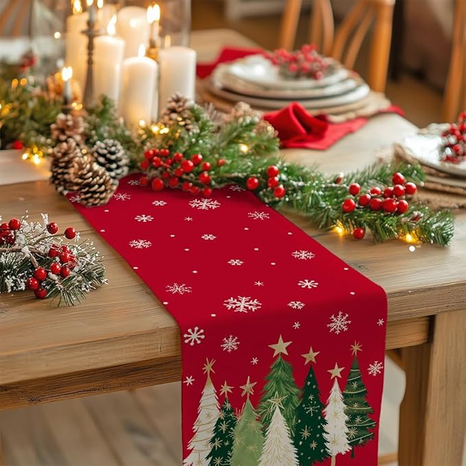GEEORY Christmas Table Runner 13x90 Inch, Xmas Trees Snowflakes Holiday Decorative Farmhouse Table Decoration for Kitchen Dinning, Indoor Outdoor Dinner Party Decor (Red) GT150-90
