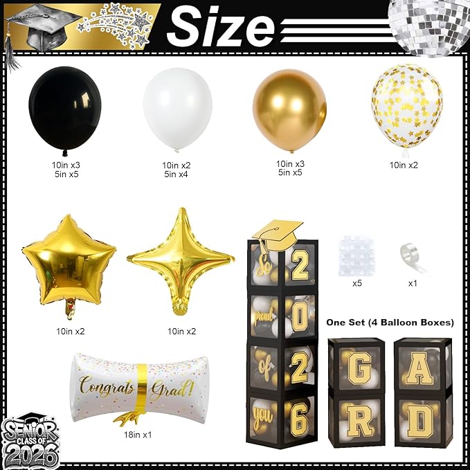 Black and Gold Graduation Decorations Balloons Boxes Arch with Letters 2026 GRAD So Proud of You Gold and Black Congratulations Grad Party Decoration 2026 Gold Confetti Balloon Star Foil Balloons