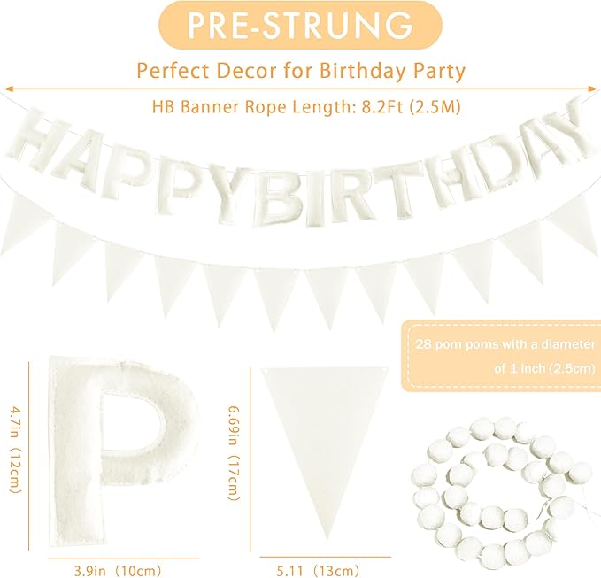 CANREVEL Pre-Strung 3D Rainbow Happy Birthday Banner, 3 PCS Happy Birthday Felt Sign, Pom Pom Garland, Triangle Fabric Bunting, Colorful Reusable Birthday Decorations for Women Men Girls Boys, White