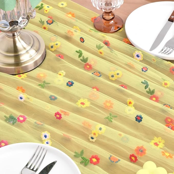 Joanlody Yellow Embroidery Daisy Spring Summer Table Runner Florals Seasonal Easter Tulle Table Runner Holiday Kitchen Dining Table Decoration Wedding Party