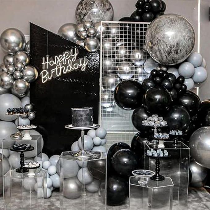 Black and Silver Balloon Arch Kit, 102Pcs Metallic Silver and Black Balloon Garland Kit Gray Party Balloons Grey Latex Balloons for Birthday Party Baby Shower Wedding Bridal Shower
