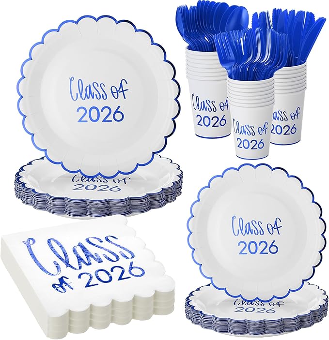 Class of 2026 Graduation Party Supplies, 175 Pcs Congrats Grad Paper Plates Napkins and Cups Cutlery Disposable Tableware Set for College High School Congrats Decorations, Serves 25(Blue)