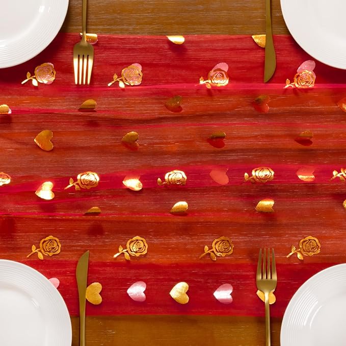 Socomi Valentine's Day Rose & Heart Table Runner Gold Gauze Sheer Romantic Sequin 10FT Glitter Metallic Foil Dining Wedding Birthday Party Baby Shower Holiday Centerpiece Table Decor Red