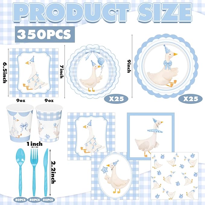Zhehao 350 Pcs One Silly Goose Birthday Party Tableware Set Blue Scalloped Baby Shower Plates Cup Napkins Forks for Birthday Party Decorations Supplies for 50 Guests