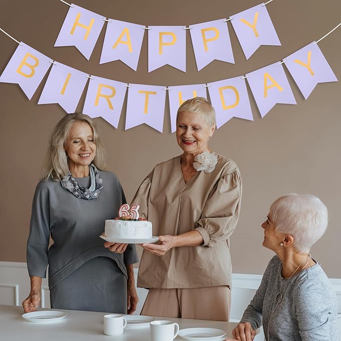 lavender Happy Birthday Banner Purple - Hanging Backdrop Sign with Gold Letters, Happy Birthday Sign Bunting Decorations for Women men Kids Baby Shower Party Supplies (13pcs)