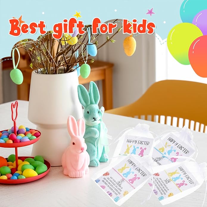 Tondiamo 24 Pcs Easter Gifts for Girls Adjustable Bunny Bracelets Christian Easter Rabbit Bracelets Cute Bulk Multicolor Bunny with Card and Mesh Bags for Women Teens