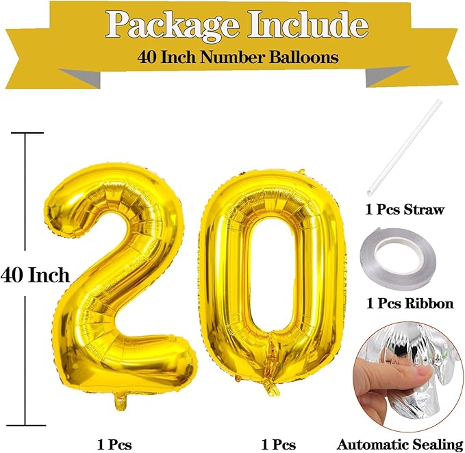 Large Gold 20 Number Balloons, 40 Inch Jumbo Number 20 Balloon, Gold Foil Mylar Balloons for Girl Sweet 20th Birthday Party, Anniversary Decorations