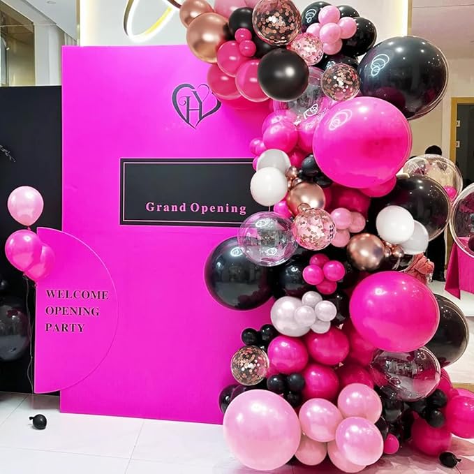 Hot Pink Black and Gold Balloon Arch Kit, 141Pcs Rose Red Black Dusty Rose Gold Metallic Pastel Pink White Balloons for Birthday Wedding Bachelorette Gender Reveal Anniversary