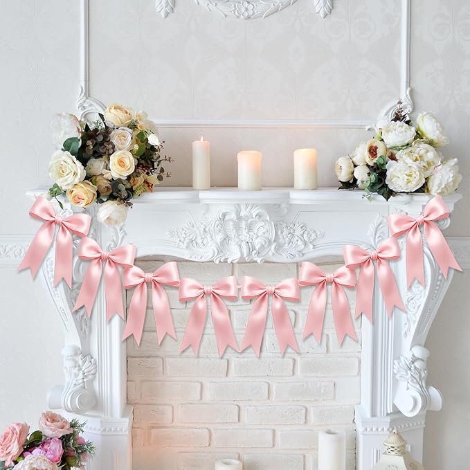 1 String of 8PCS Pink Bow Garland Banner Decoration,Pre-Strung Satin Ribbon Ornaments for Birthday,Bachelorette Party,Bridal Shower,Wedding,Engagement,Baby Shower,Graduation Decor,Anniversary