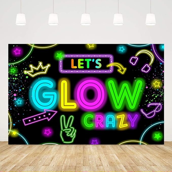 Neon Glow Party Decorations Supplies Backdrop 5x3ft Glow in The Dark Let’s Glow Banner Photography Background Birthday Sleppover Graffiti Splash Paint Black Light Kids Photo Booth