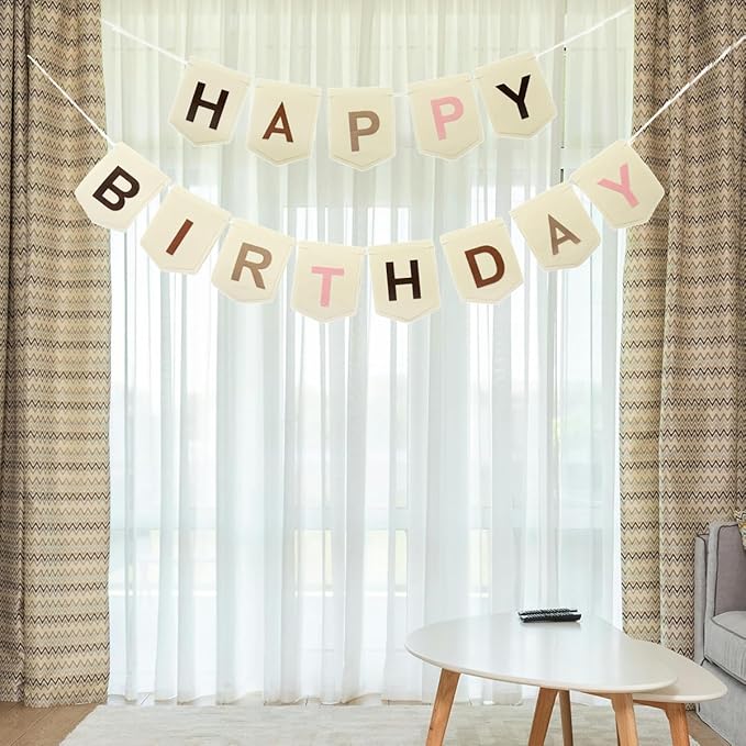 Felt Happy Birthday Banner, Pre-strung Boho Colorful Happy Birthday Party Sign Garland, Neutral Beige Bohemian Birthday Nursery Decorations