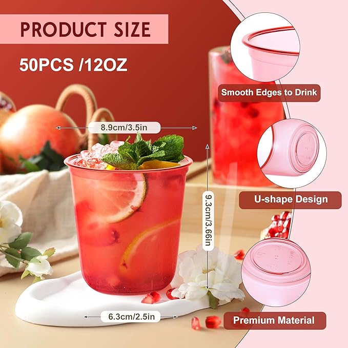 KesaPlan 50 Pcs Red Clear Plastic Cups for Party, 12 oz Disposable Stemless Wine Glasses, Cute Round Bottom Plastic Cocktail Cups for Christmas Valentine's Day Mother's Day Birthday Wedding Party