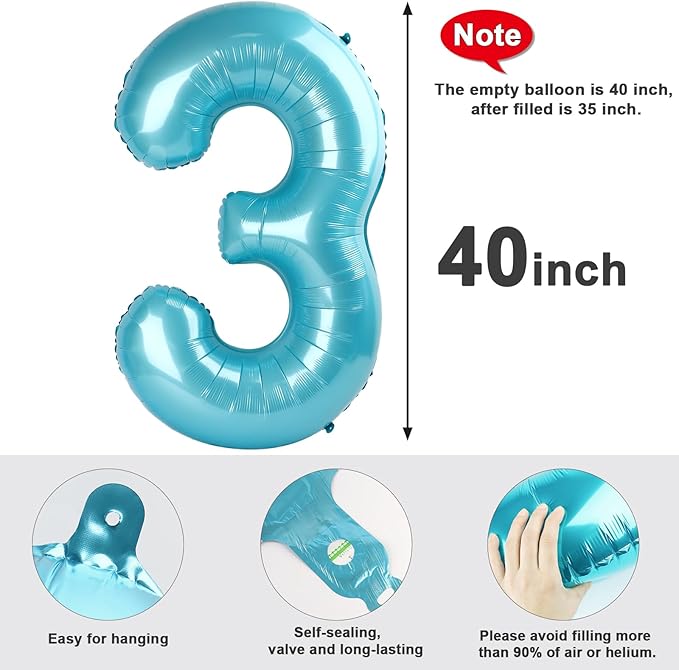Numbers Balloon 3, 40 Inch Large Pearl Blue Balloon for Three Year Old Birthday Decor, 3 13 30 31 Birthday Party Decorations for Wedding Supplies