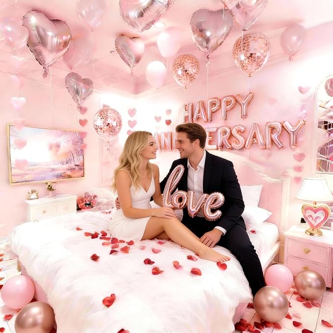 Rose Gold Anniversary Decorations Set - 1052pc Romantic Room Decor Kit with 1000 Rose Petals, HAPPY ANNIVERSARY & LOVE Foil Balloons - Perfect for Proposal, Wedding, Valentine's, Hotel Room Surprises