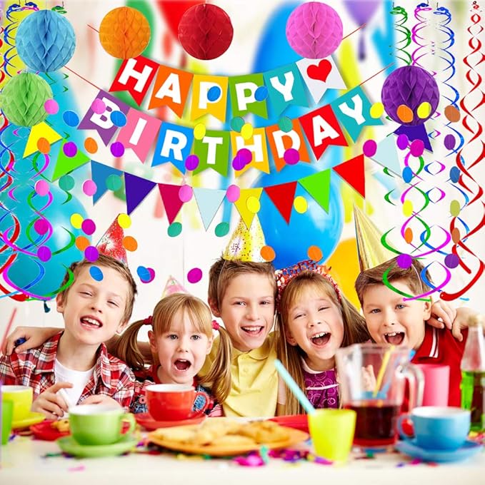 FECEDY Colorful Happy Birthday Banner Paper Triangle Flag Bunting Circle Confetti Dots Hanging Garland And Honeycomb Ball Swirl Streamers for Birthday Baby Shower Party Decoration