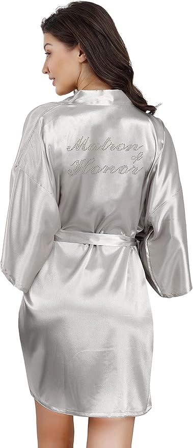 EPLAZA Women's One Size Silver Rhinestones Bride Bridesmaid Short Satin Robes for Wedding Party Getting Ready