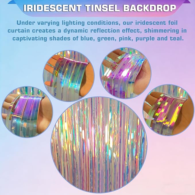 Iridescent Clear Tinsel Curtain Backdrop, 3.28 x 8ft Extra Long Rainbow Foil Fringe Curtain with Extra Tape, Shimmer Party Decoration for Ocean, Unicorn, Birthday & Photo Booth, 2 Pack