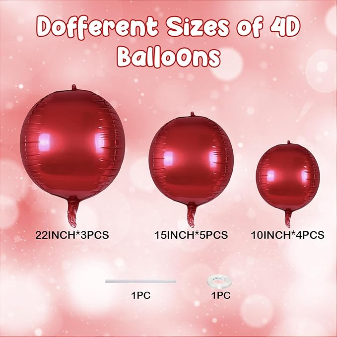 12PCS Red Round Foil Balloons, 22" 15" 10" Large 4D Ball Balloons Metallic Red Mirror Sphere Balloon for Graduation Christmas Valentines Day Wedding Birthday Party Ceiling Decorations