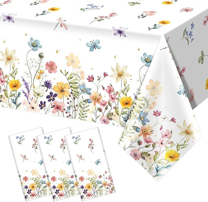 3 Pieces Wildflower Tablecloths Spring Floral Baby Shower Birthday Tablecover Plastic Disposable Rectangle Table Covers for Spring Summer Picnic Wedding Tea Party