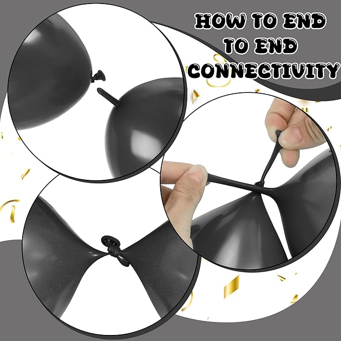 Link Balloons 12 Inch - 100 Pcs Quick Link Balloon Latex Linking Balloons Connected Linkable Balloon Birthday Wedding Party Decorations(Black-)