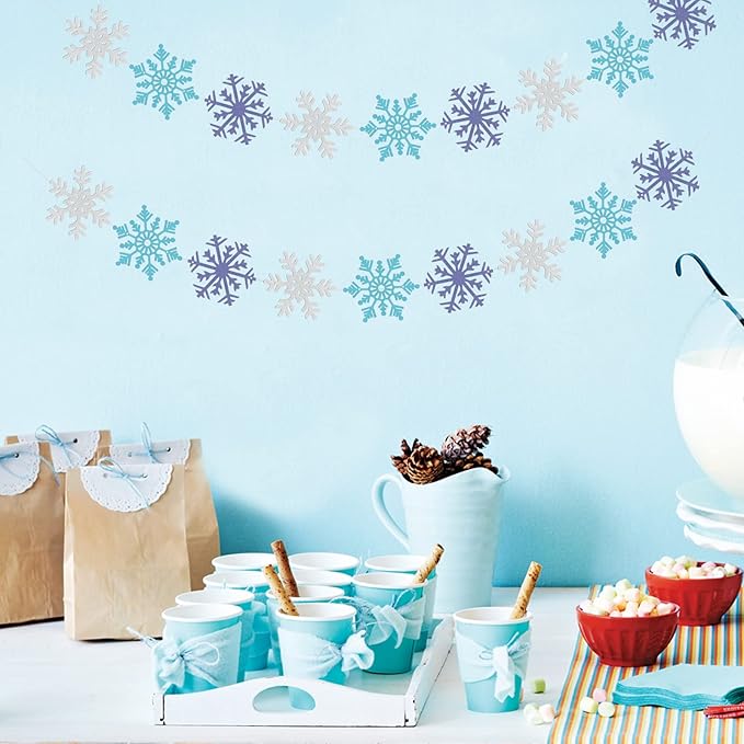 Snowflake-Snow Blue-White Christmas Frozen Party-Decorations - 9pcs Winter Girl Birthday New Year Paper Fan Banner Stareamers, Wonderland Party Supplies Decor Lasting Surprise