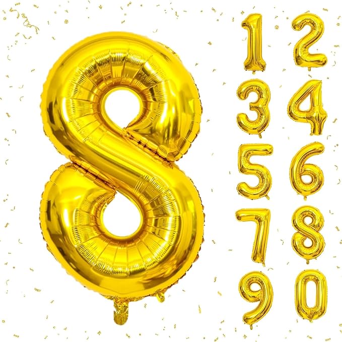 16 In Gold Large Numbers Balloons 0-9, Self Inflating Number 8 Balloons for Boys Girls, Big Gold Digit 8 Balloons for Women Men Birthday Party Anniversary Wedding Supplies Decorations